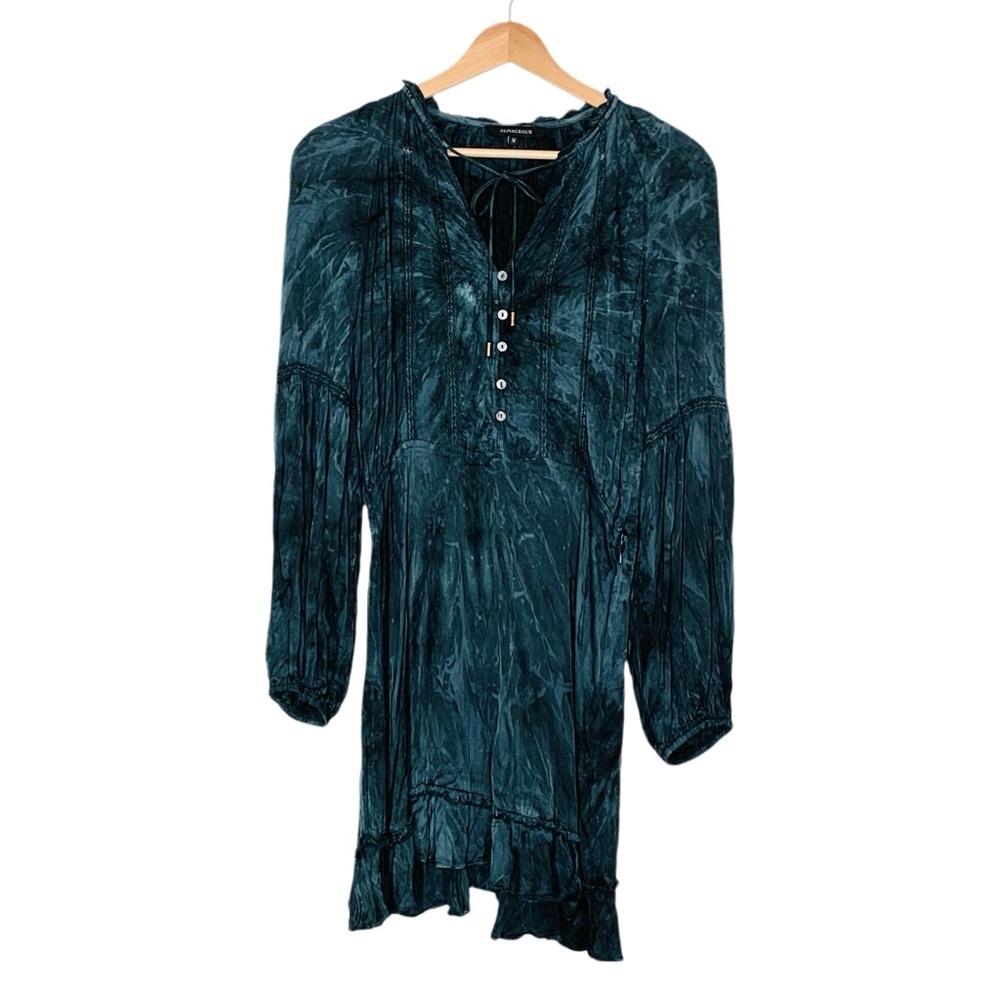 Olivaceous Green Tie-dye Dress w/ Lace Trim Size Medium Long Sleeve